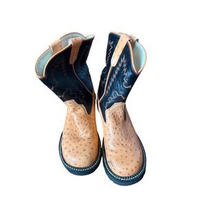 Old West TB1249Y Ostrich Print Leather Cowboy‎ Boots Women's Size 6.5
